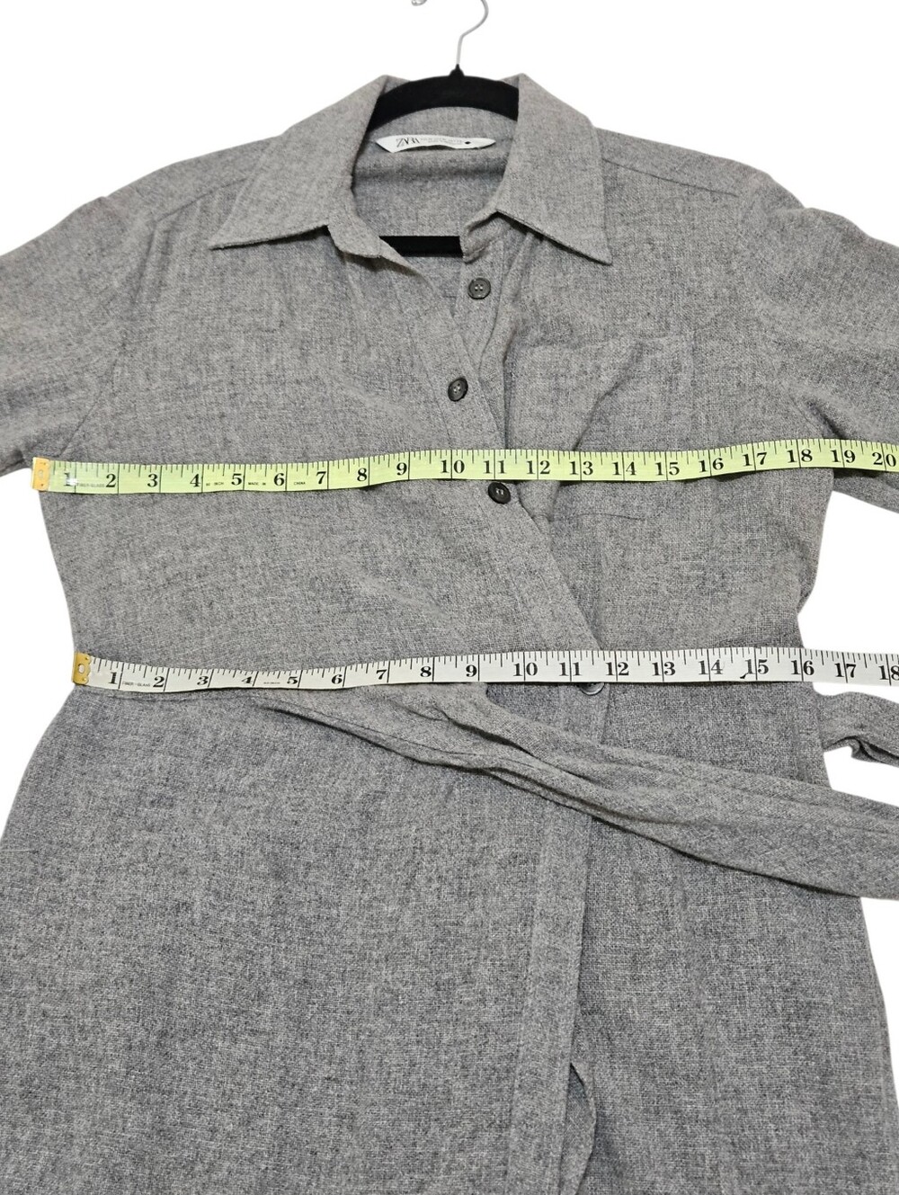 ZARA Wool Blend Heathered Grey Midi Wrap Shirt Dress M Dark Academia Office - Picture 12 of 12